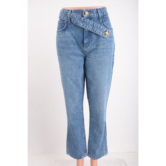 TRIARCHY Womens Crossover Jeans Cropped High rise straight-leg Sz 28 Medium wash - Picture 2 of 7